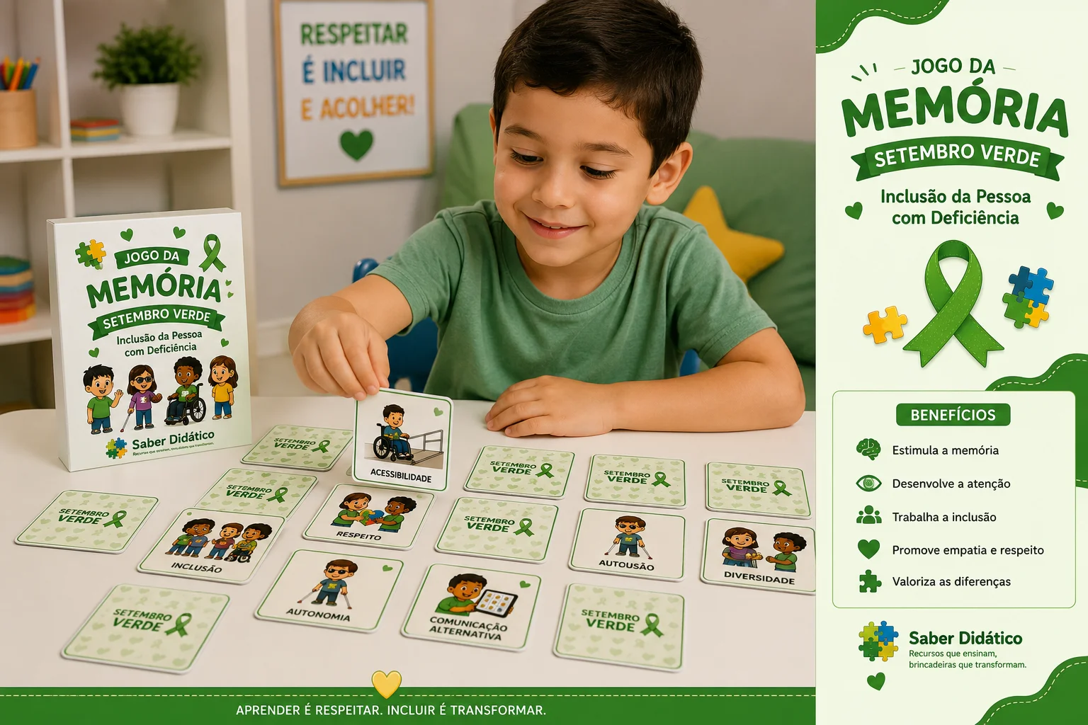 Jogo da Memória Setembro Verde – Inclusão da Pessoa com Deficiências — amostra 2: Jogo da Memória Setembro Verde com 16…
