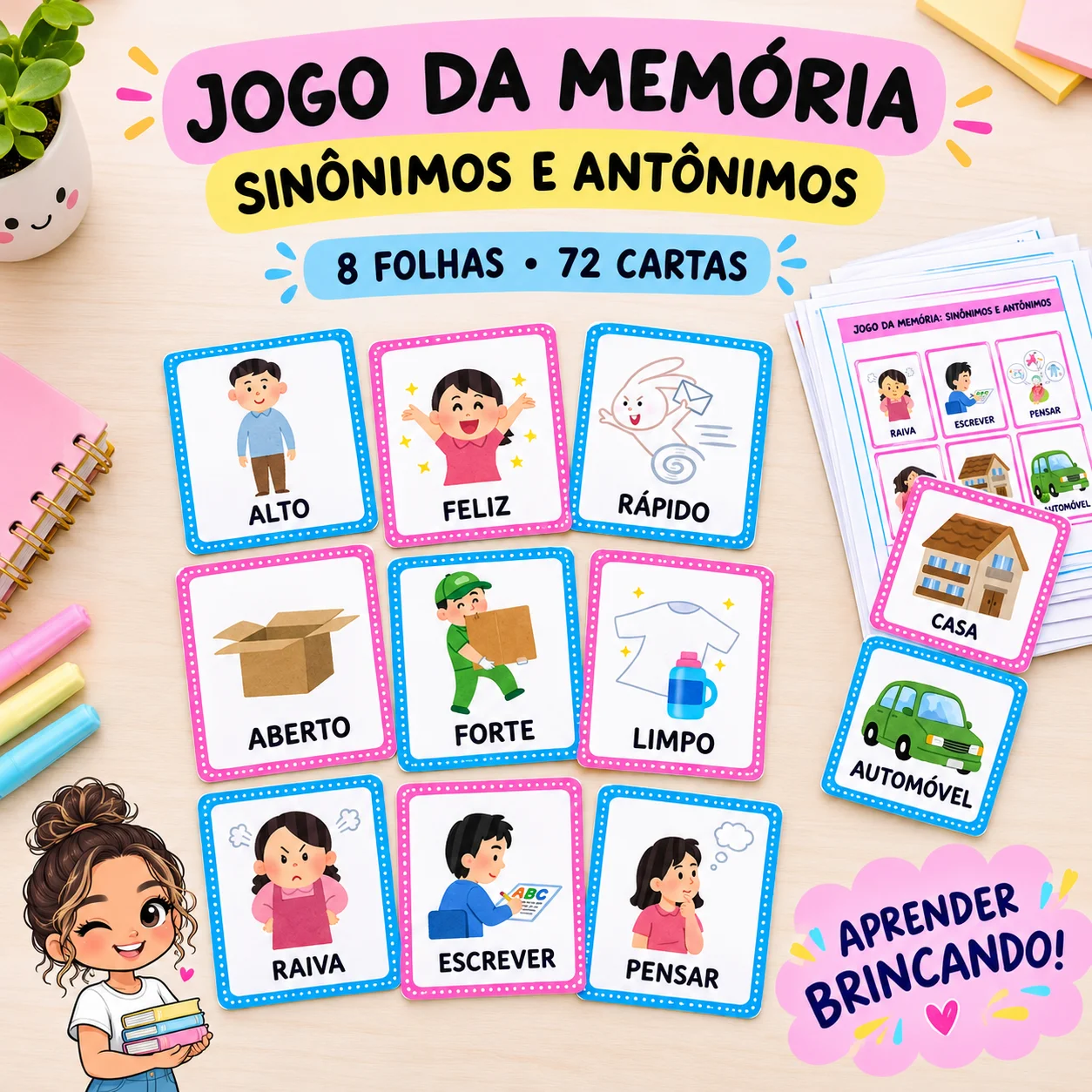 JOGO DA MEMÓRIA – SINÔNIMOS E ANTÔNIMOS Diversão E aprendizado — amostra 1: Diversão, aprendizado e vocabulário ampliado em…