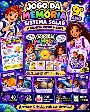 Jogo da Memória Sistema Solar – 9º ano! 40 cartas, 20 pares, memes e conceitos científicos. PDF — amostra 3: Não basta…