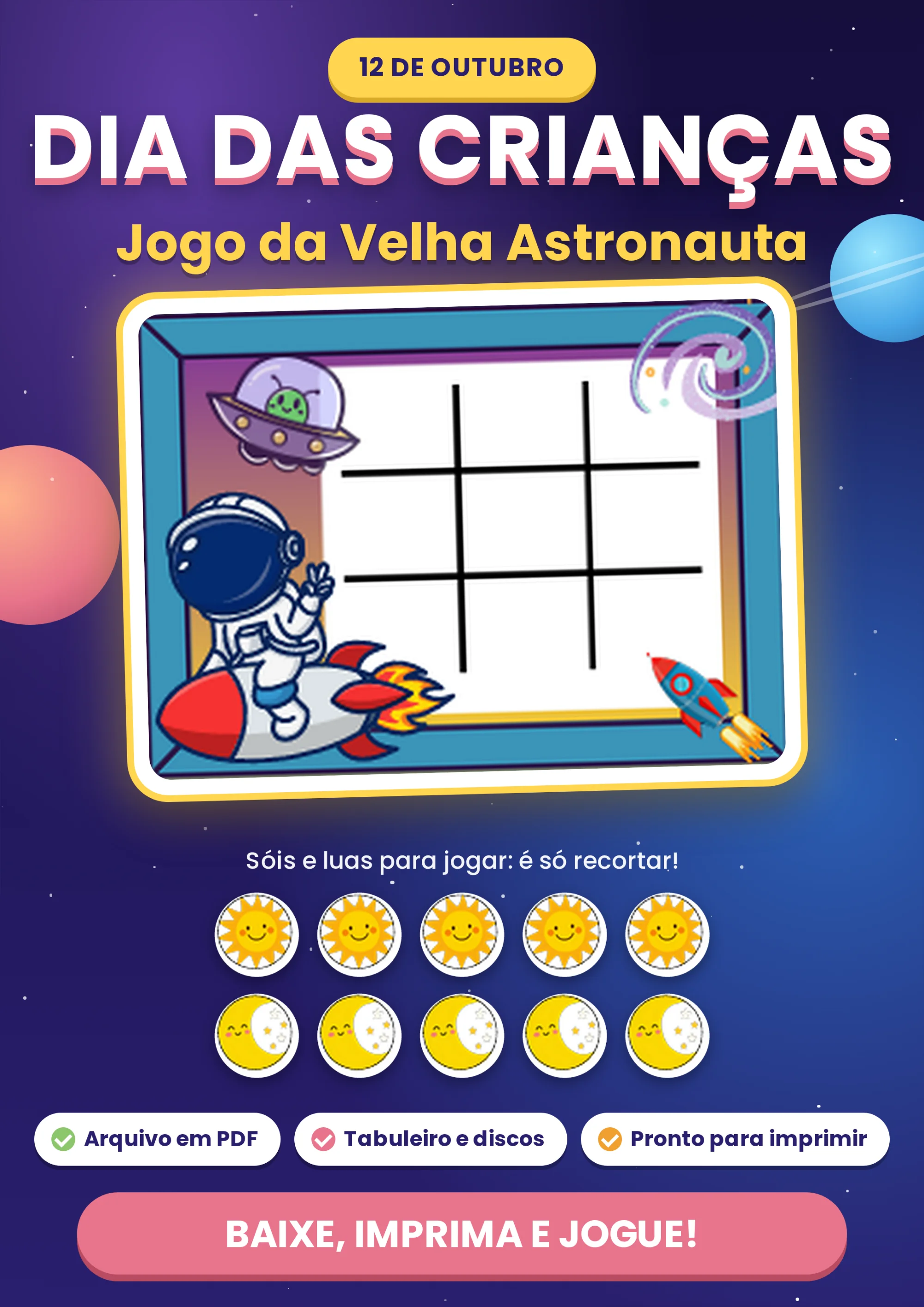 Jogo da Velha Astronauta para Imprimir Dia das Crianças | Arquivo PDF — capa do material