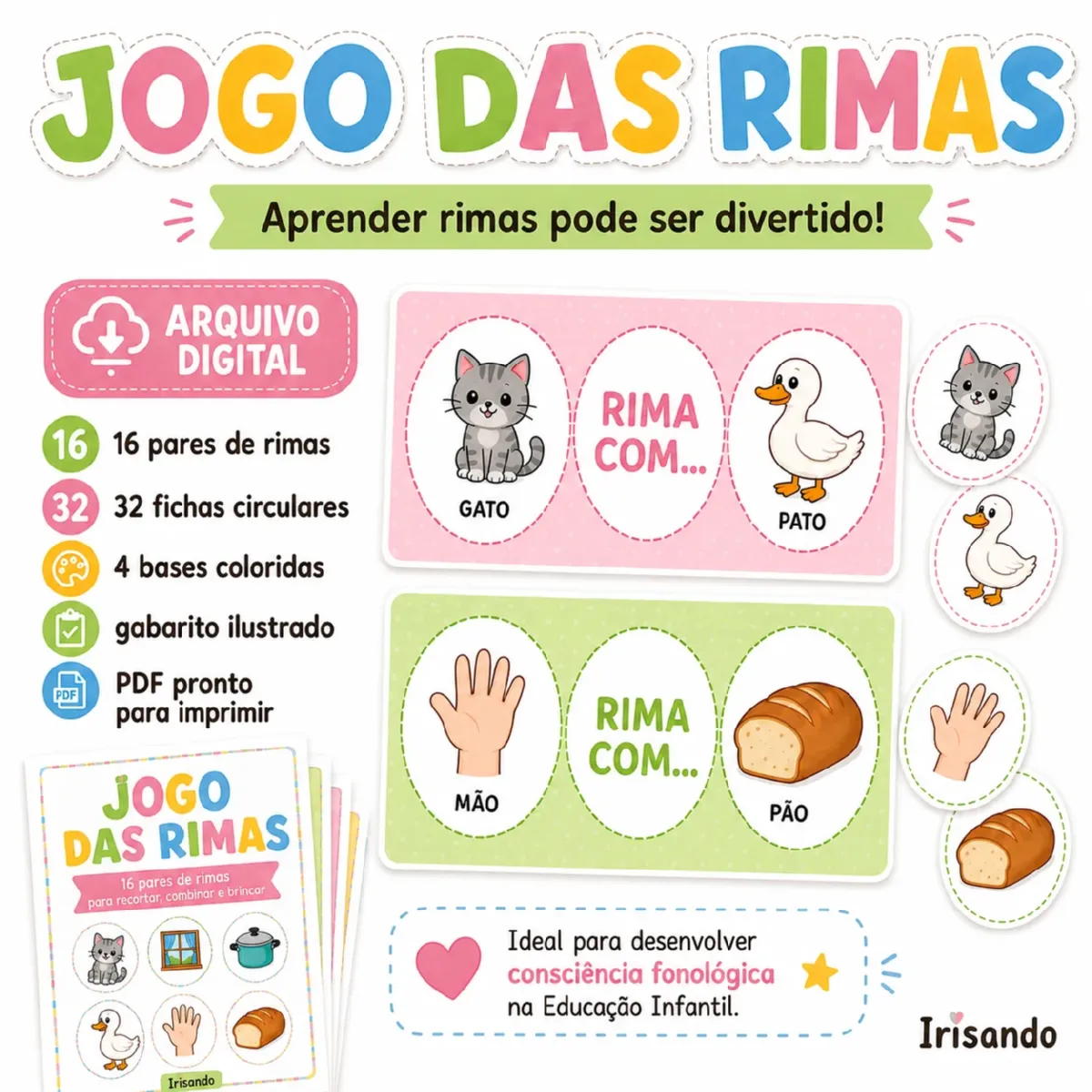 Jogo das Rimas – 16 Pares | Consciência Fonológica — Alfabetização para Educação Infantil: Jogo das Rimas com 16 pares de…