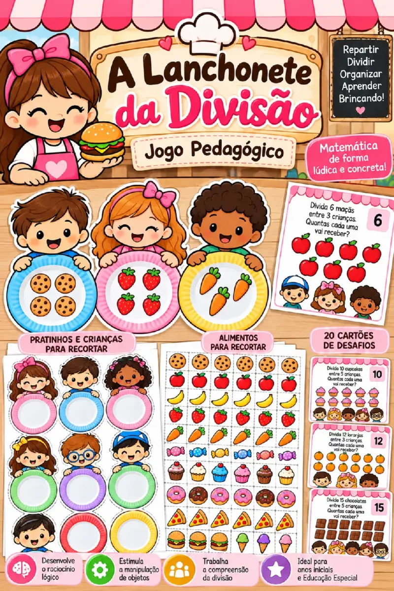 Jogo de Divisão: A Lanchonete da Divisão — Matemática para 3º ano: Jogo pedagógico de matemática com 20 cartões de divisão…