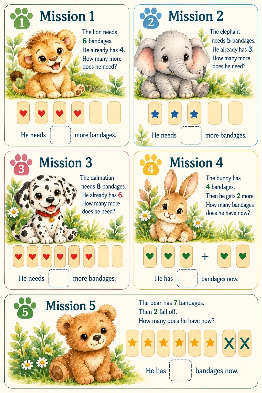 Jogo de Matemática Infantil – Contagem, Adição e Subtração — amostra 5: Jogo matemático PDF com 10 missões veterinárias…