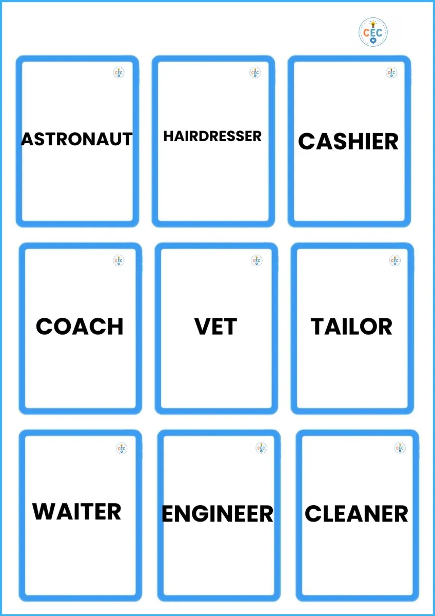 Jogo de memória Occupations em Inglês – Educação Infantil — amostra 6: Cartas ilustradas com diferentes profissões.