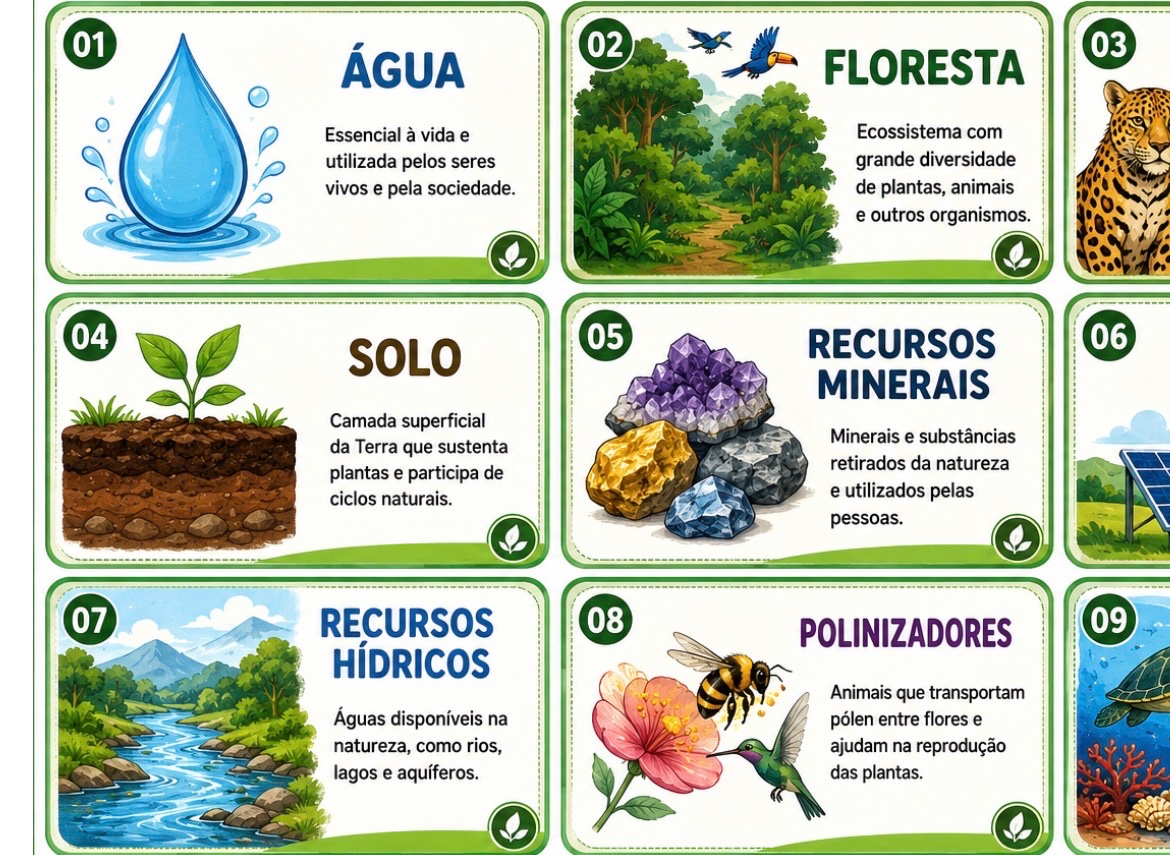 Jogo de Pares – Elementos e Recursos Naturais — amostra 1: Jogo educativo de pares sobre elementos e recursos naturais, com…