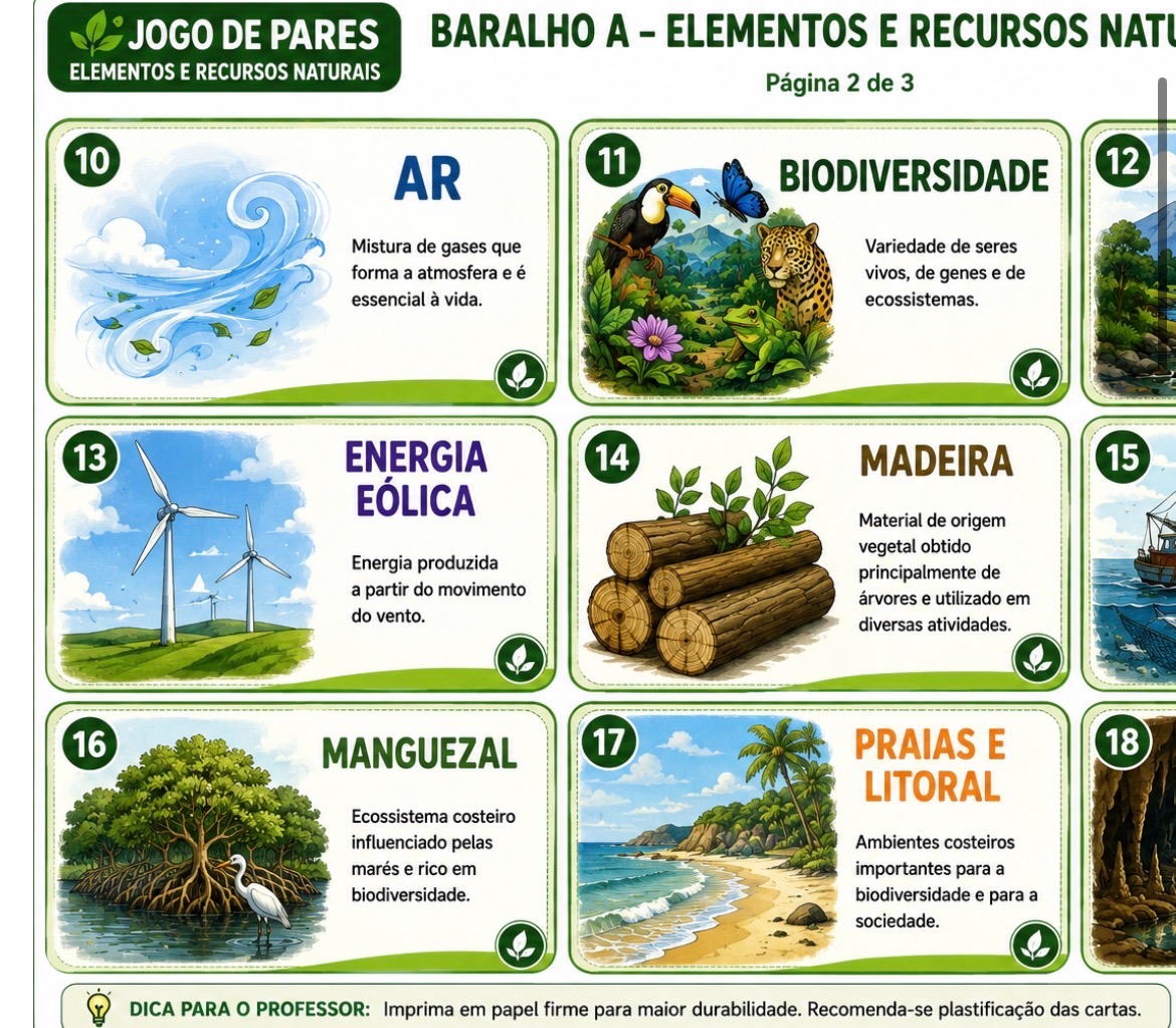 Jogo de Pares – Elementos e Recursos Naturais — amostra 3: Jogo educativo de pares sobre elementos e recursos naturais, com…