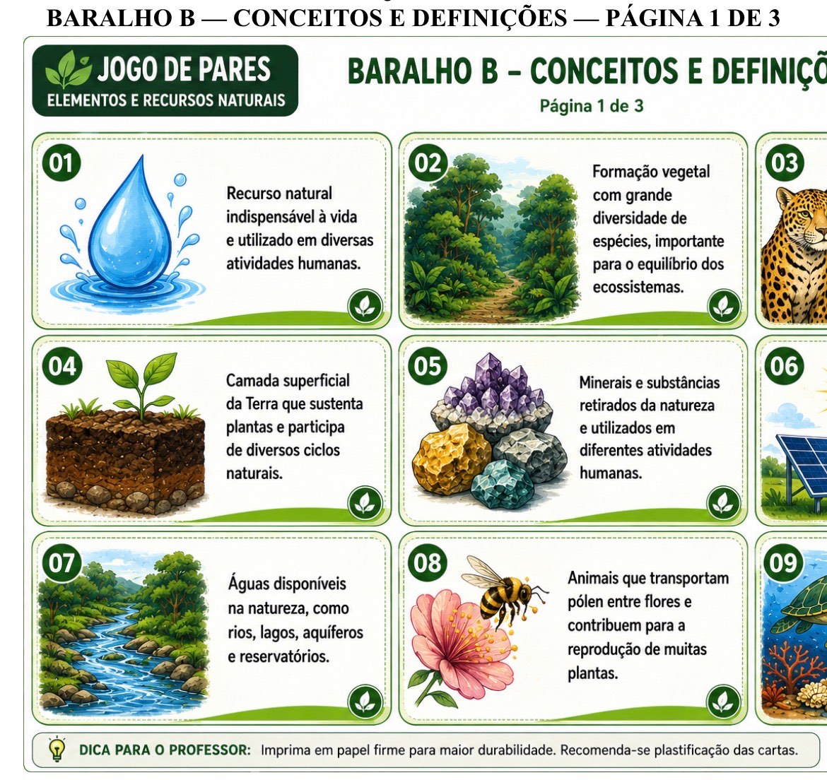 Jogo de Pares – Elementos e Recursos Naturais — amostra 4: Jogo educativo de pares sobre elementos e recursos naturais, com…