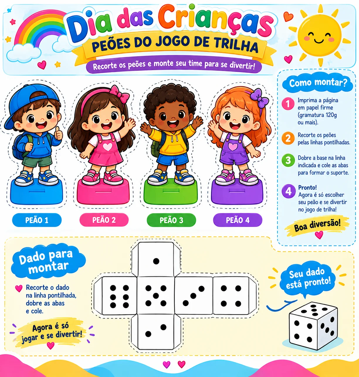 Jogo Dia das Crianças – Trilha Divertida — amostra 2: Jogo de trilha do Dia das Crianças com tabuleiro, cartas de desafios,…
