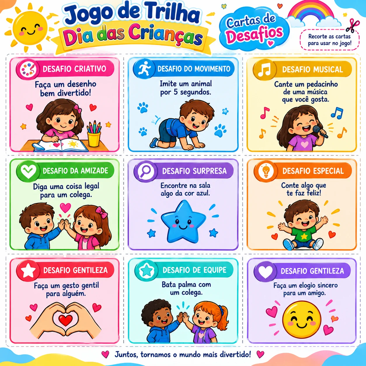 Jogo Dia das Crianças – Trilha Divertida — amostra 3: Jogo de trilha do Dia das Crianças com tabuleiro, cartas de desafios,…