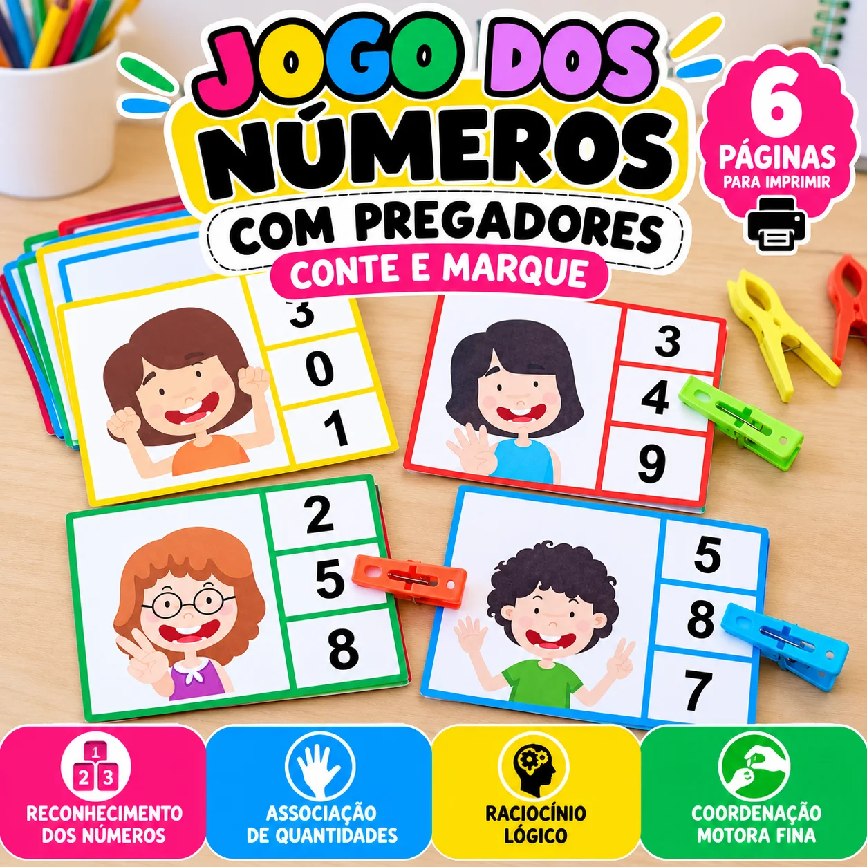 Jogo dos Números com Pregadores – Conte e Marque — Matemática para Educação Infantil: Jogo matemático com pregadores para…
