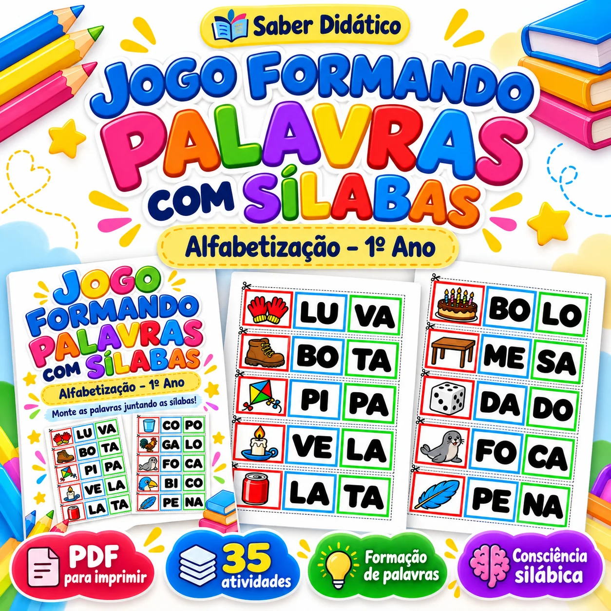 Jogo Formando Palavras com Sílabas – Alfabetização 1º Ano — Alfabetização para 1º ano: Jogo de formação de palavras com…