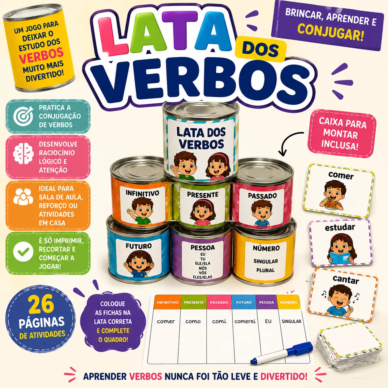 JOGO LATA DOS VERBOS - ALFABETIZAÇÃO ANOS INICIAIS — Alfabetização para Todas as séries: Com a Lata dos Verbos , os alunos…
