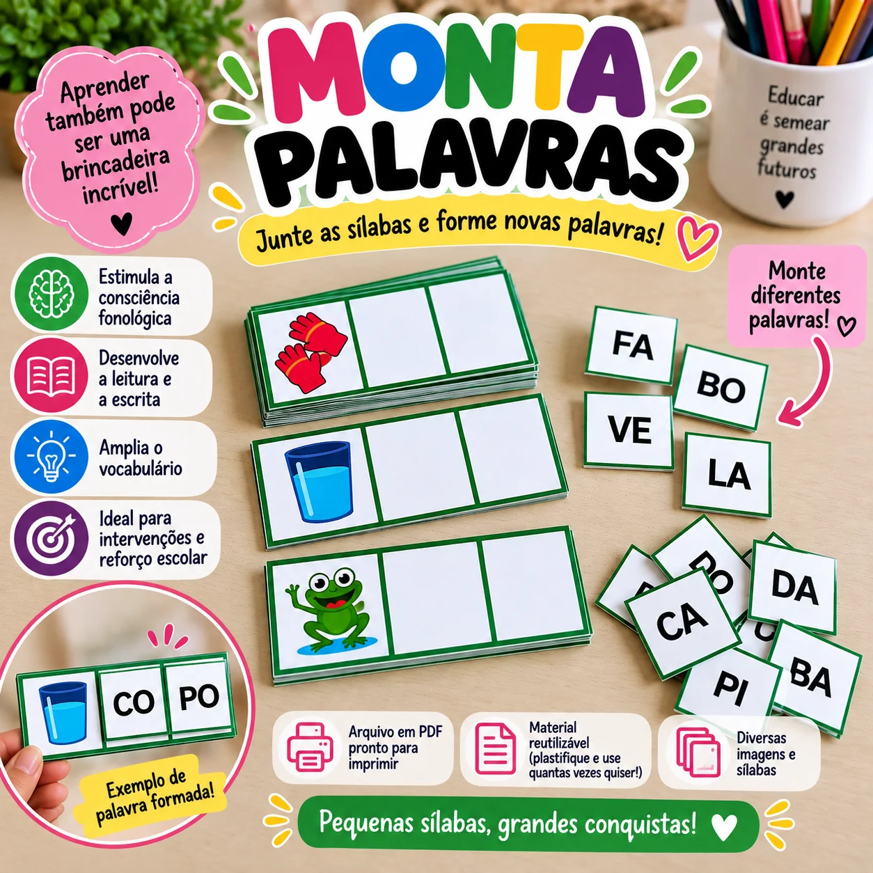 JOGO MONTA PALAVRAS – ALFABETIZAÇÃO INICIAL — Alfabetização para Todas as séries: Com o Monta Palavras , a criança observa…