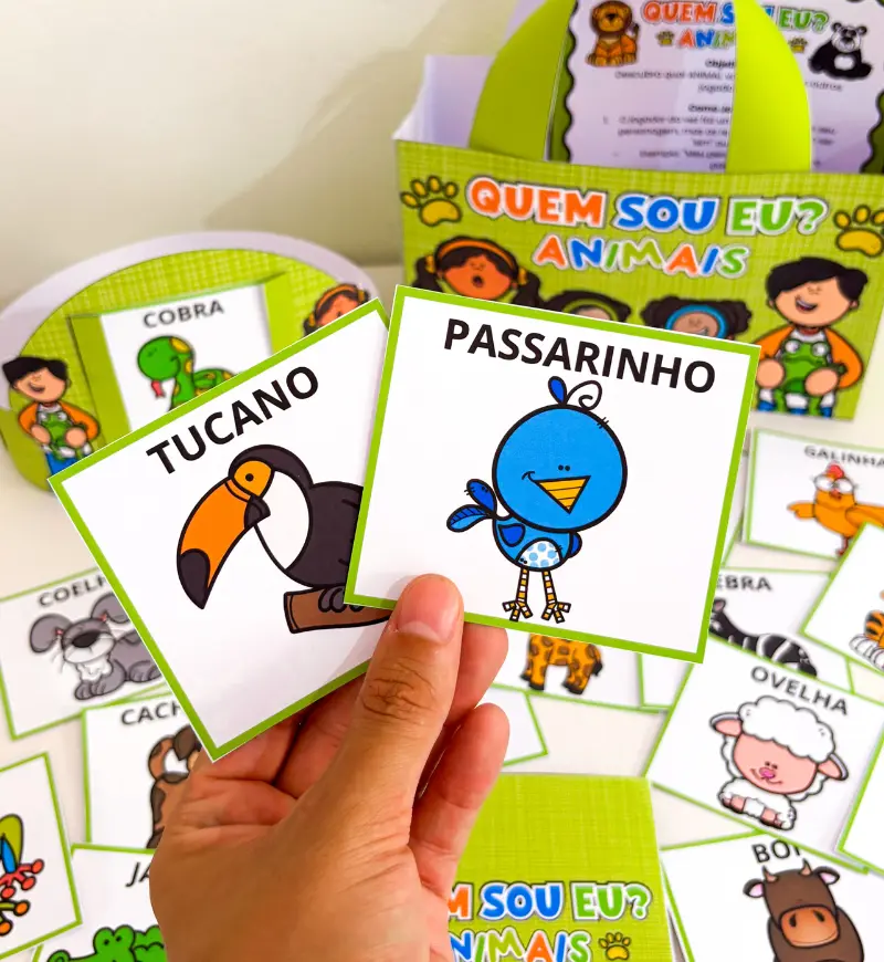 Jogo Quem Sou Eu Animais: PDF para Aprender Brincando — amostra 2: O que vem no material
