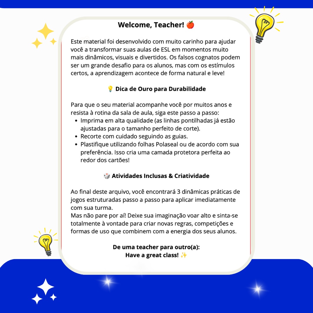 Jogos Falsos Cognatos Inglês: 15 Flashcards+3 Recursos Pedagógicos — amostra 3: Habilidades desenvolvidas: