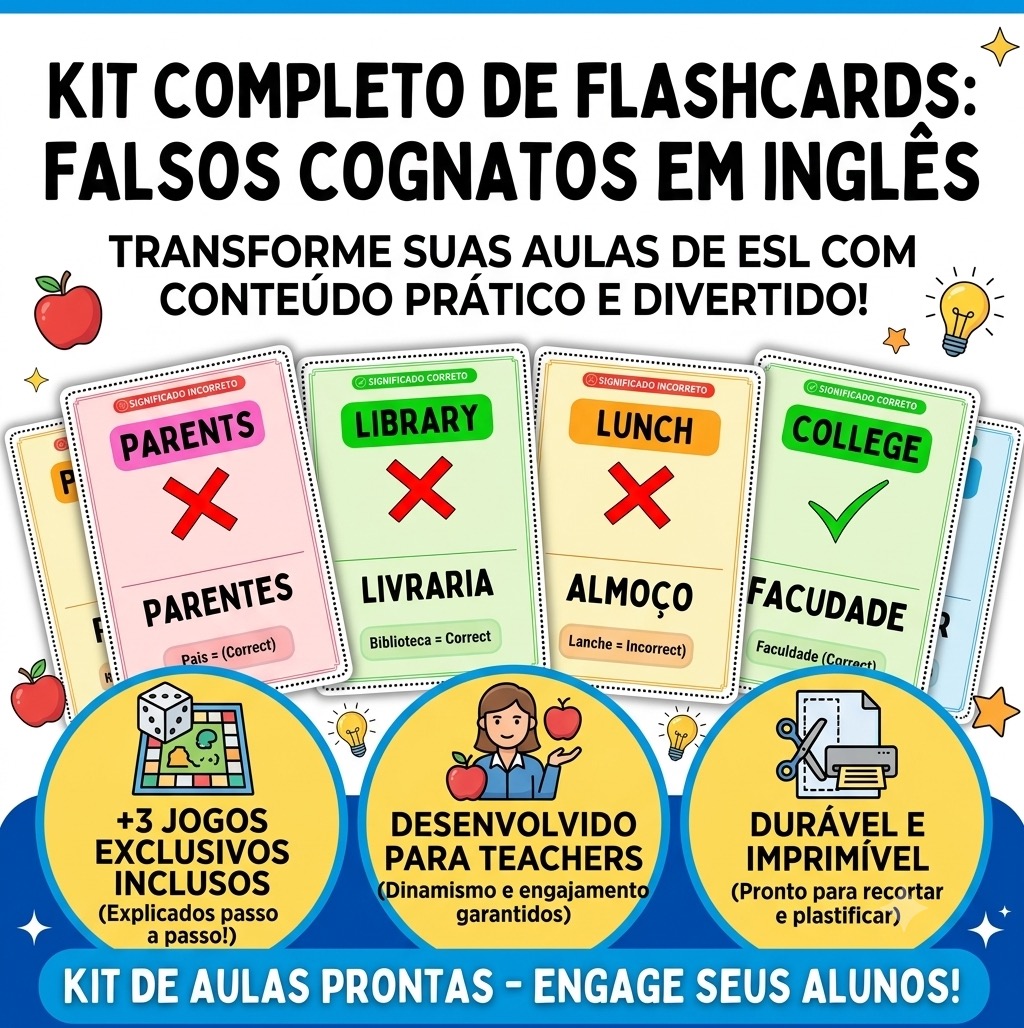 Jogos Falsos Cognatos Inglês: 15 Flashcards+3 Recursos Pedagógicos — capa do material
