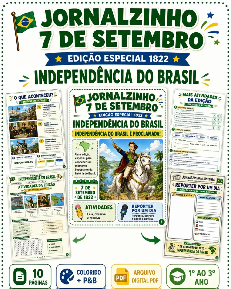 Jornalzinho 7 de Setembro| Colorido + P&B — Alfabetização para 3º ano: Material em PDF com proposta pedagógica sobre a…