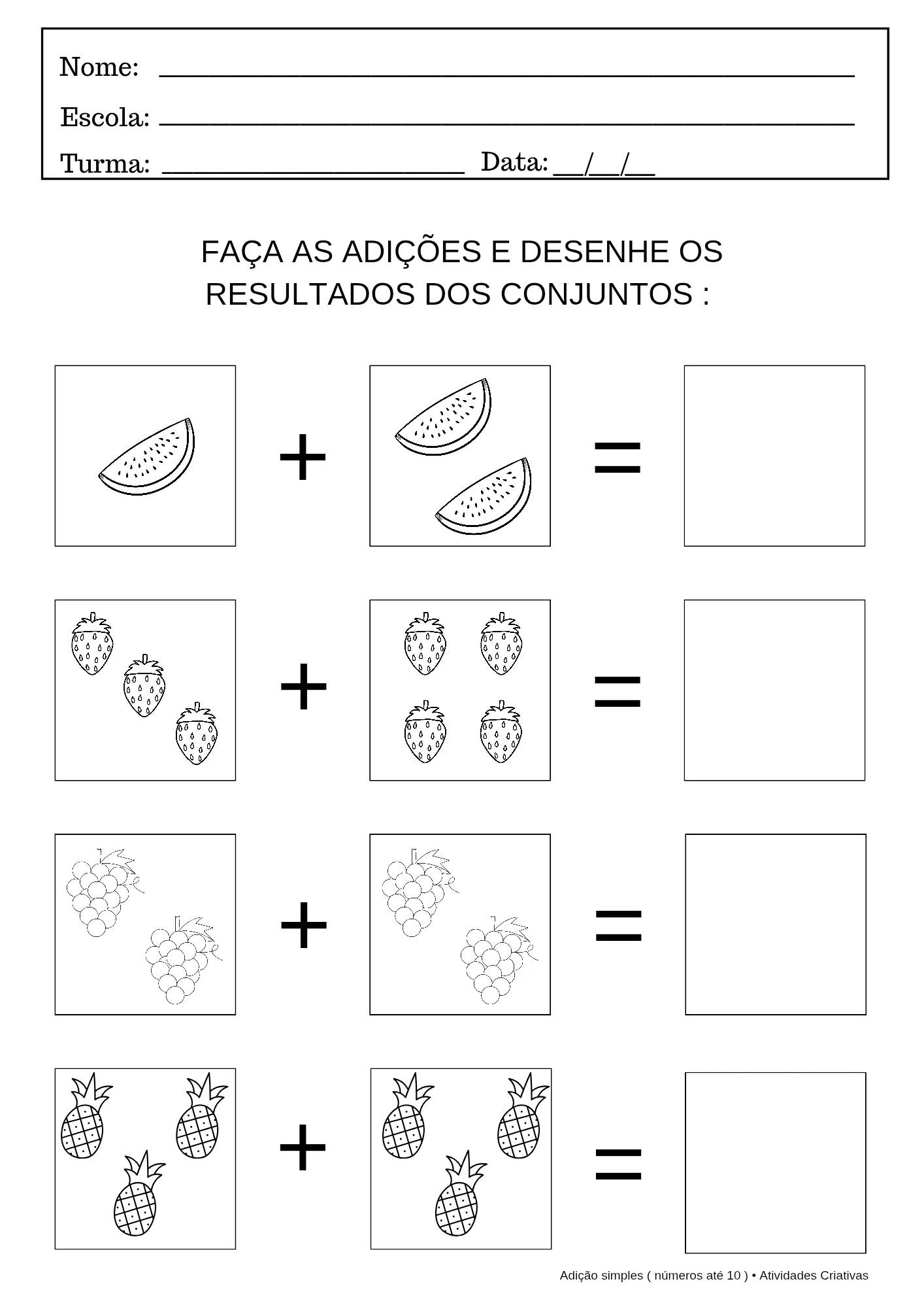 Kit 10 Atividades de Adição Simples – Números até 10 — amostra 2: O Kit 10 Atividades de Adição Simples foi desenvolvido…