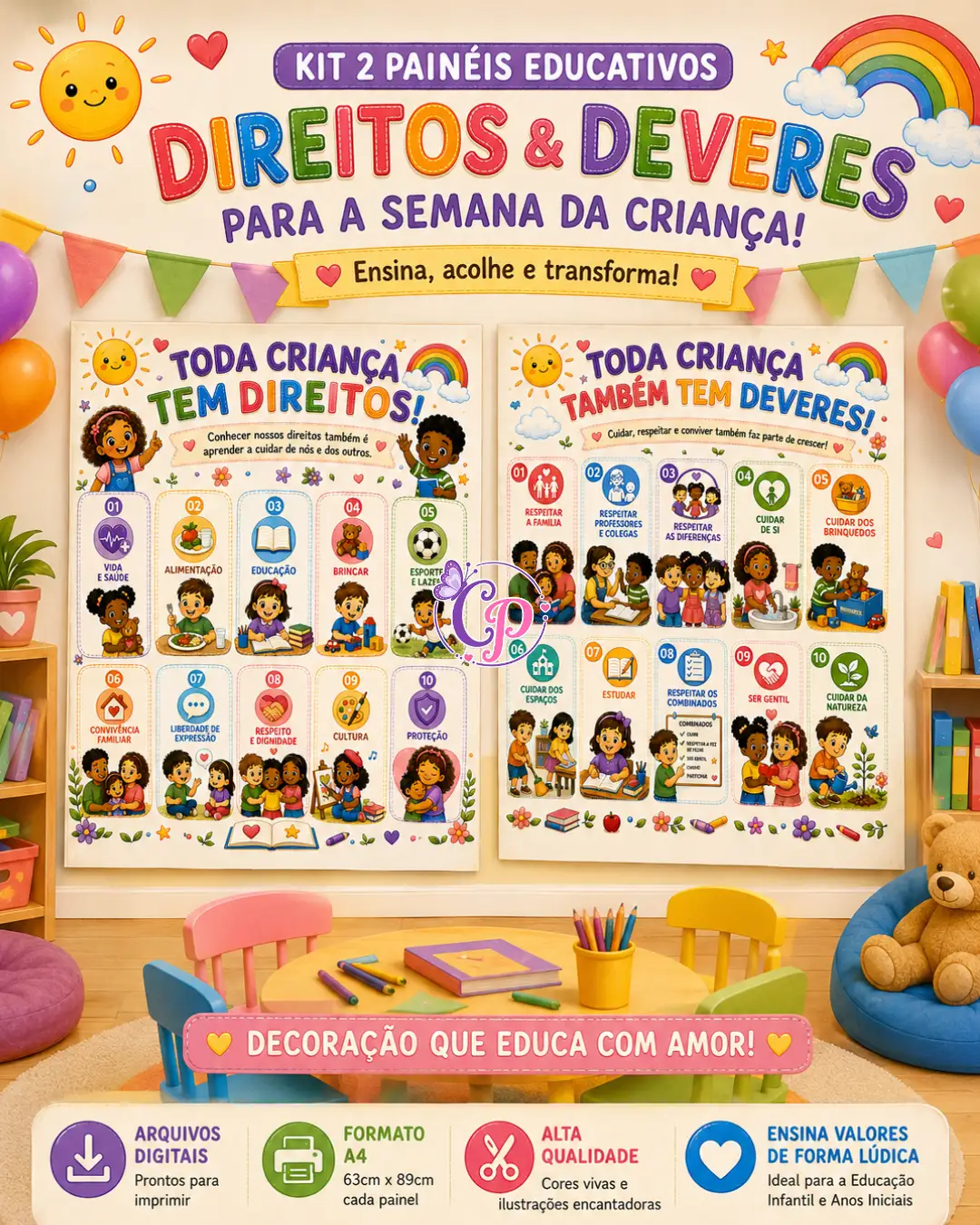 KIT 2 PAINÉIS DIA DAS CRIANÇAS - COLEÇÃO MEUS DIREITOS MEUS DEVERES — amostra 1: ✨ O que está incluso: