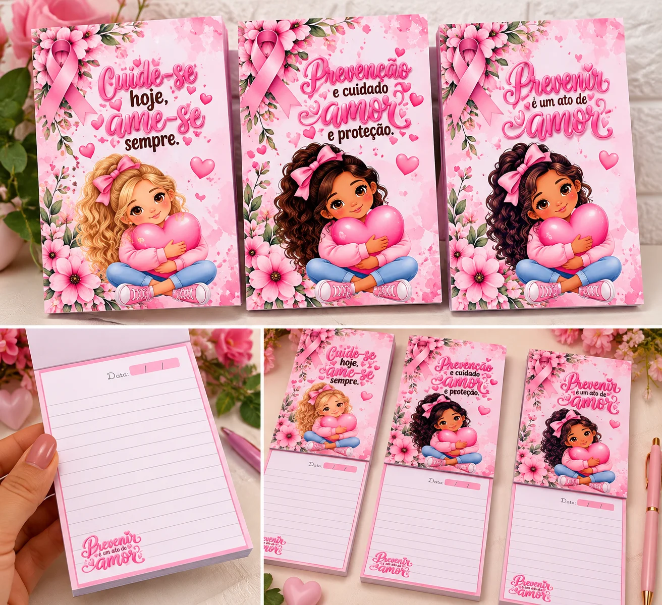 Kit 3 Bloquinhos de Anotações Outubro Rosa | Capa + Miolo Pautado — amostra 2: Kit com 3 modelos de bloquinhos de anotações…