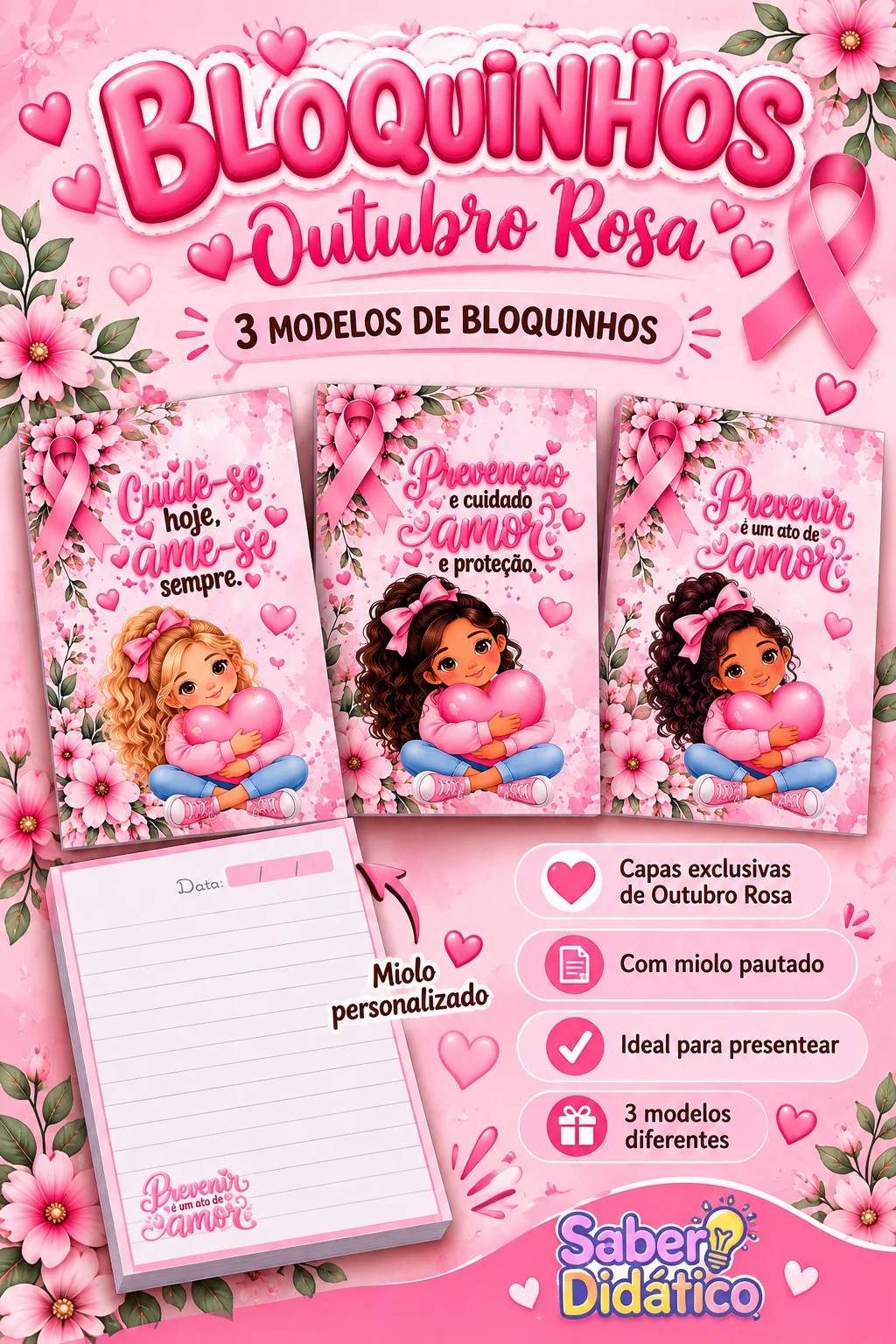 Kit 3 Bloquinhos de Anotações Outubro Rosa | Capa + Miolo Pautado — capa do material