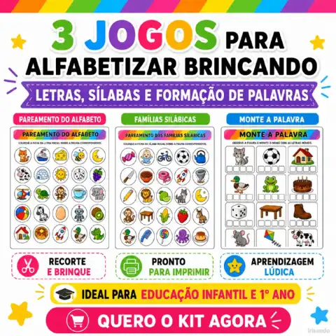 KIT 3 JOGOS DE ALFABETIZAÇÃO – REUTILIZÁVEIS — amostra 1: Kit 3 Jogos de Alfabetização em PDF, pronto para imprimir