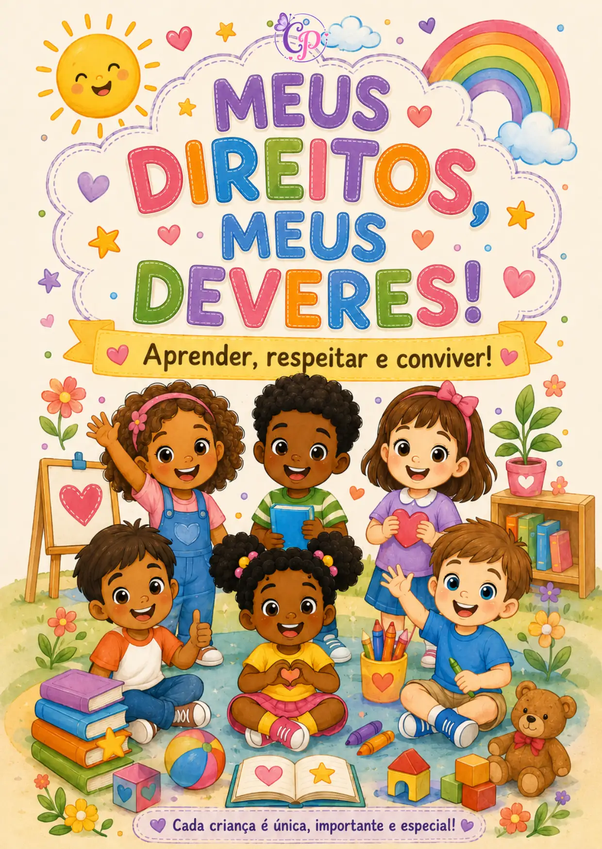 KIT 3 PAINÉIS DIA DAS CRIANÇAS - COLEÇÃO MEUS DIREITOS MEUS DEVERES — amostra 1: 💜 O que está incluso: