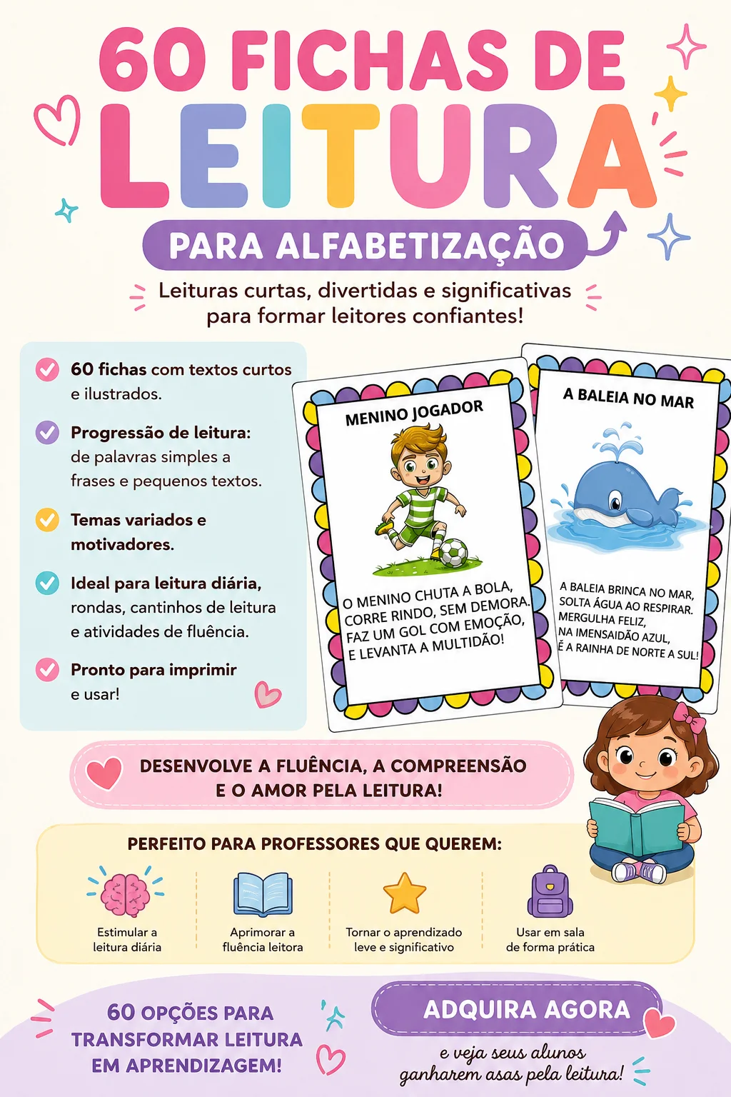 kit 60 FICHAS DE LEITURA excelente p alfabetização e fluência leitora — Jogos pedagógicos para Educação Infantil: SEUS…