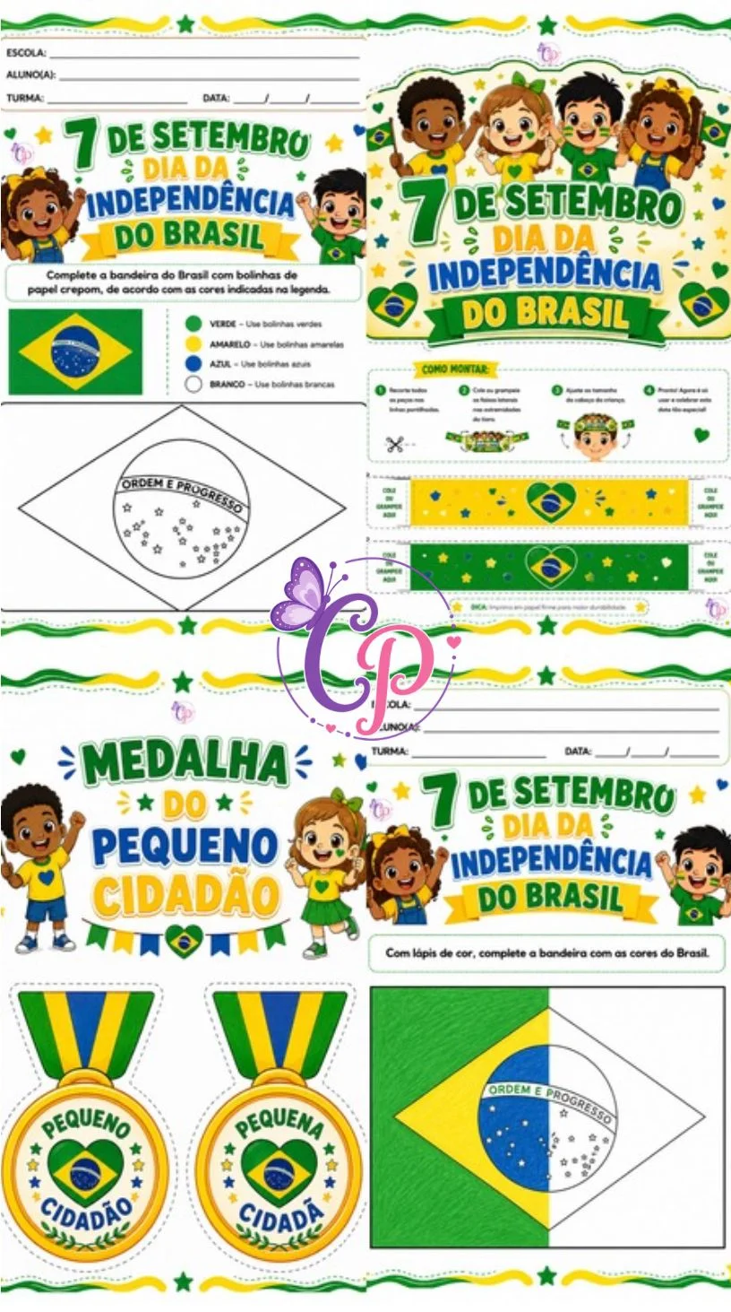 KIT 7 DE SETEMBRO ATIVIDADES + ORNAMENTOS - EDUCAÇÃO INFANTIL — amostra 1: 💚 Inclui fichas pedagógicas, viseira (coroa) +…