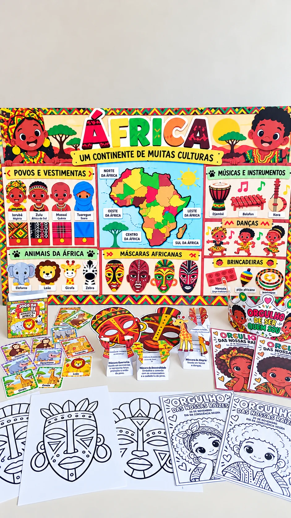 Kit África – Consciência Negra, Painel e Atividades PDF — amostra 1: 🌍❤️💚💛 KIT ÁFRICA – UM CONTINENTE DE MUITAS CULTURAS!