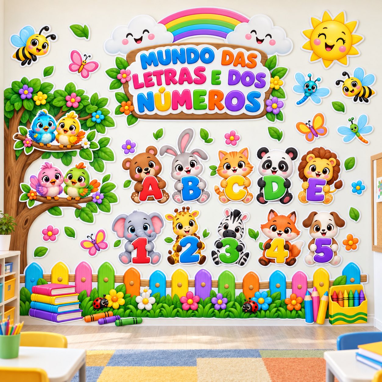 Kit Alfabeto e Numerais com Animais para Decorar a Sala — amostra 1: Arquivo com 59 páginas A4 contendo alfabeto de A a Z,…
