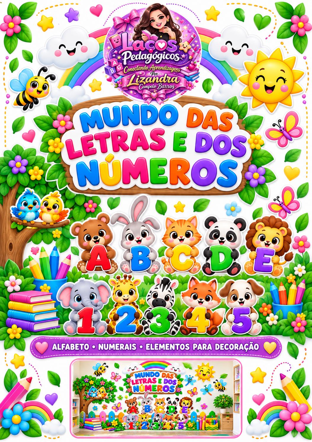 Kit Alfabeto e Numerais com Animais para Decorar a Sala — capa do material