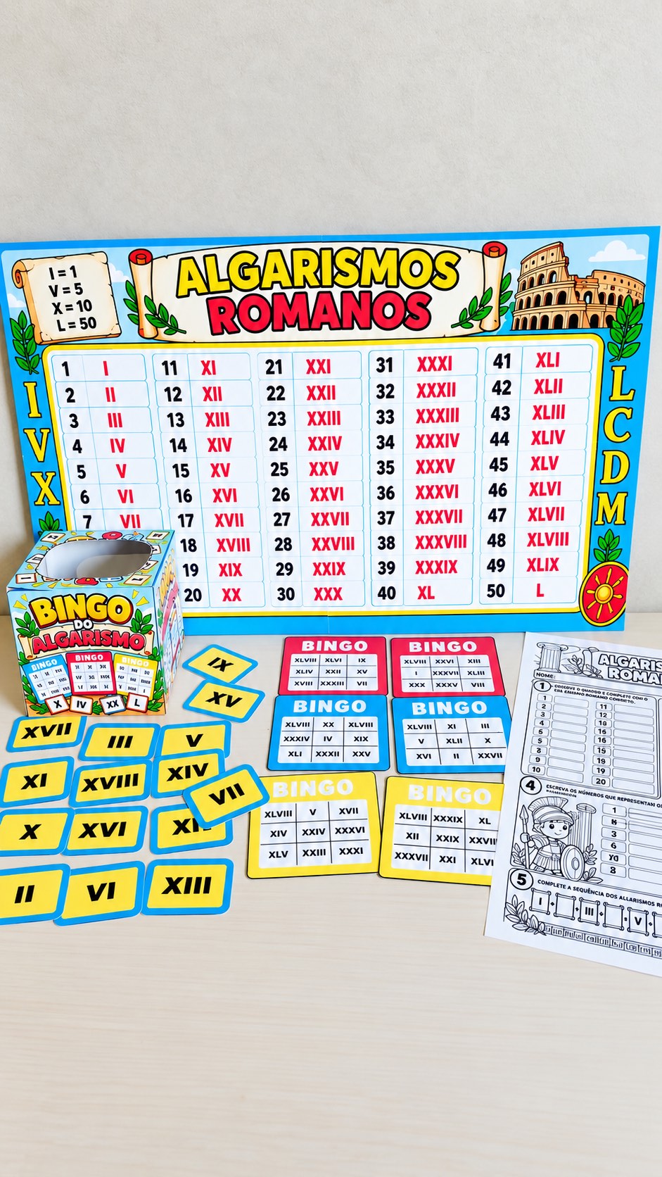 Kit Algarismos Romanos – Painel, Bingo, Cartinhas e Atividades — amostra 1: O kit reúne painel de apoio, bingo, cartinhas e…