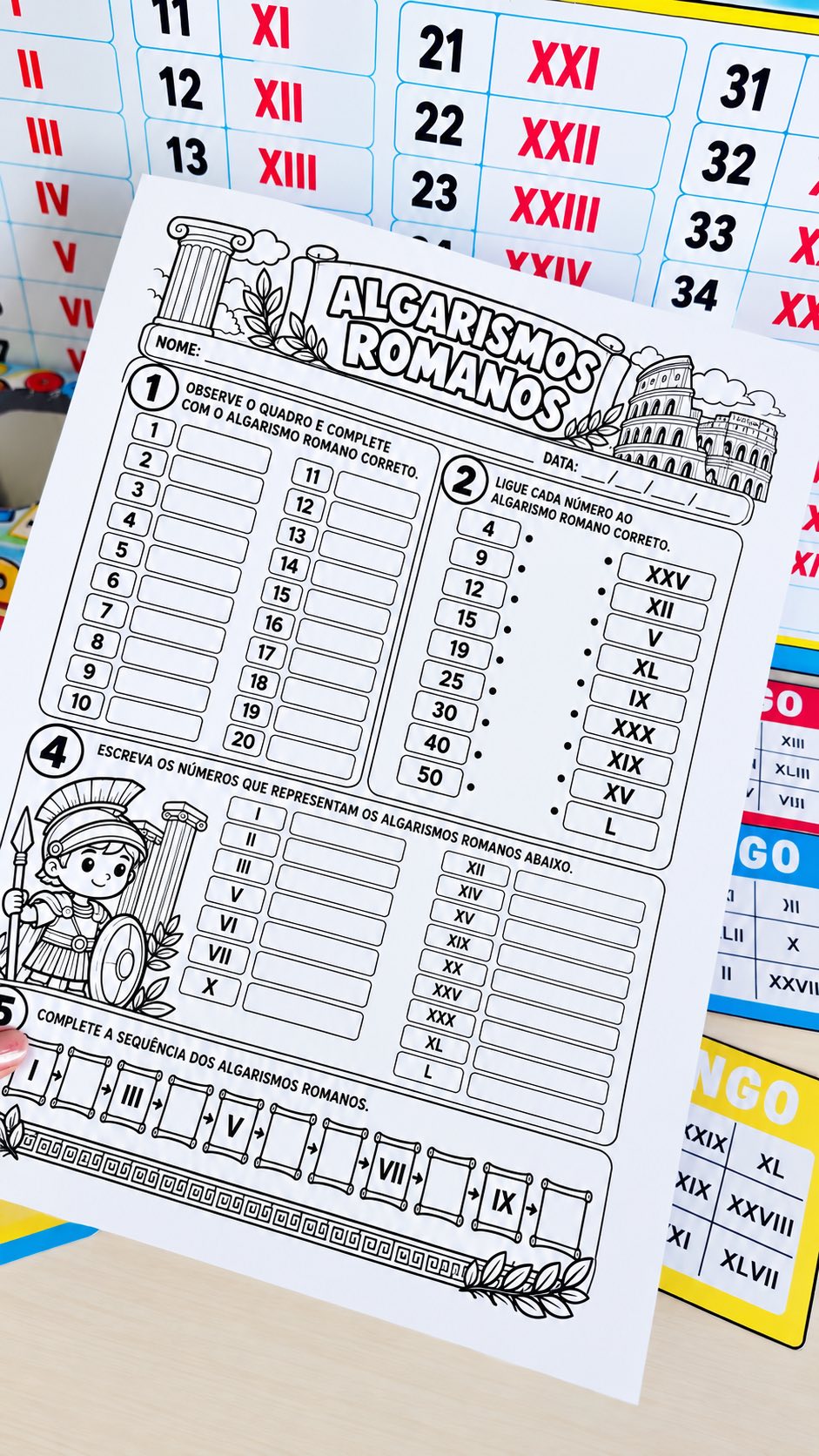 Kit Algarismos Romanos – Painel, Bingo, Cartinhas e Atividades — amostra 3: O kit reúne painel de apoio, bingo, cartinhas e…