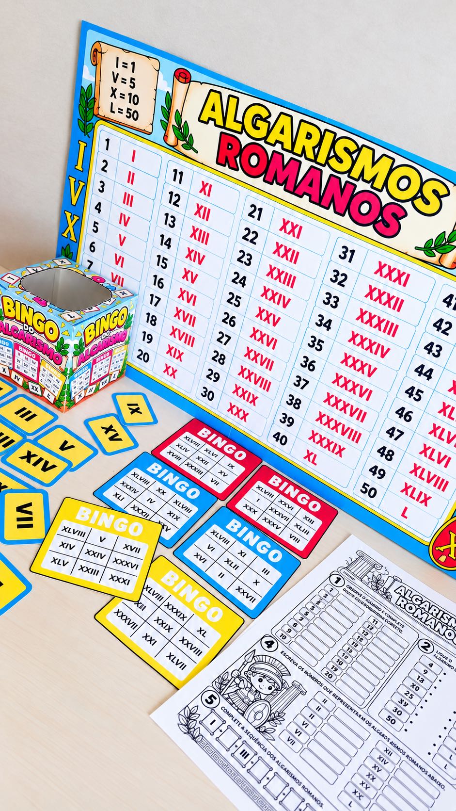 Kit Algarismos Romanos – Painel, Bingo, Cartinhas e Atividades — amostra 5: O kit reúne painel de apoio, bingo, cartinhas e…