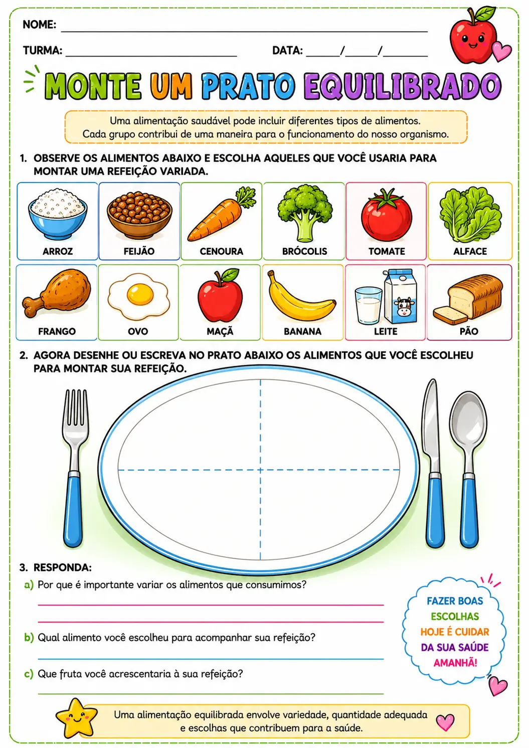 Kit Alimentação Saudável e Saúde – 5º Ano ✏️ Descrição curta — amostra 4: Kit de atividades de Ciências sobre alimentação…