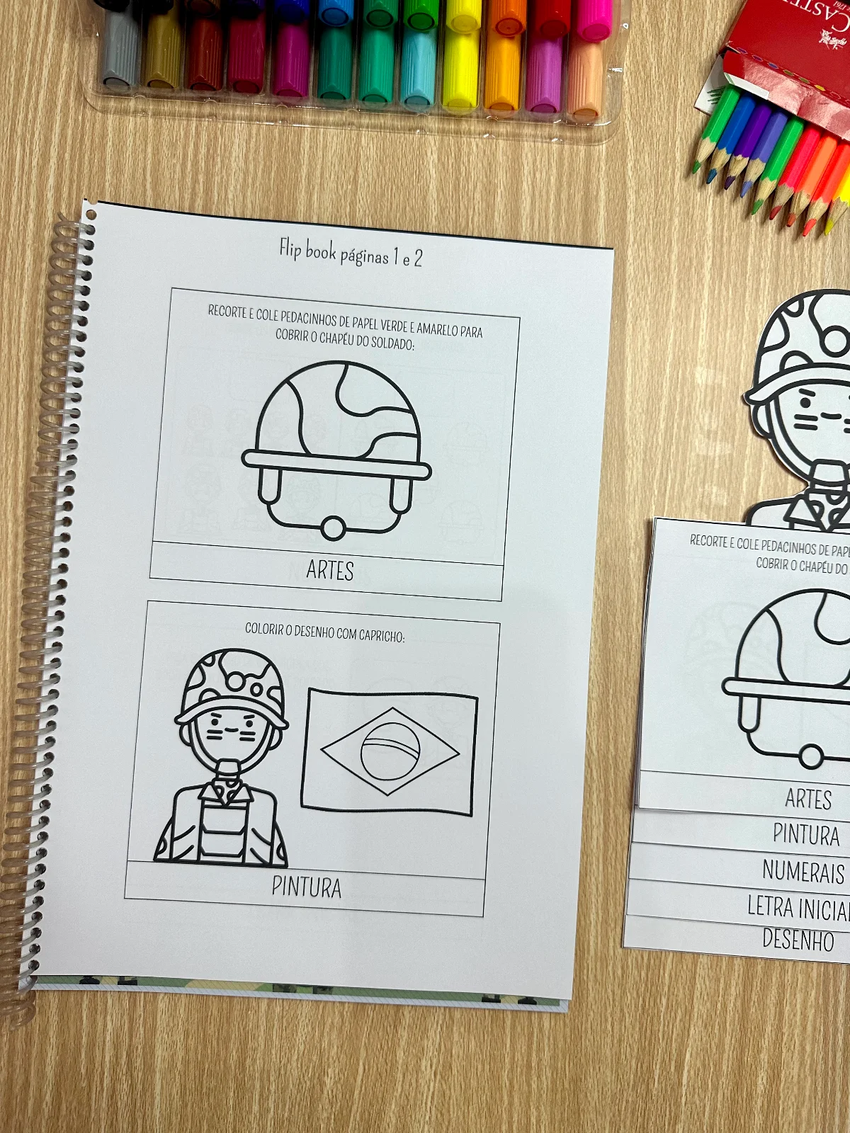 Kit Apostila de atividades + Flipbook - Dia do Soldado — amostra 1: Pintura respeitando os limites do desenho Texto para…