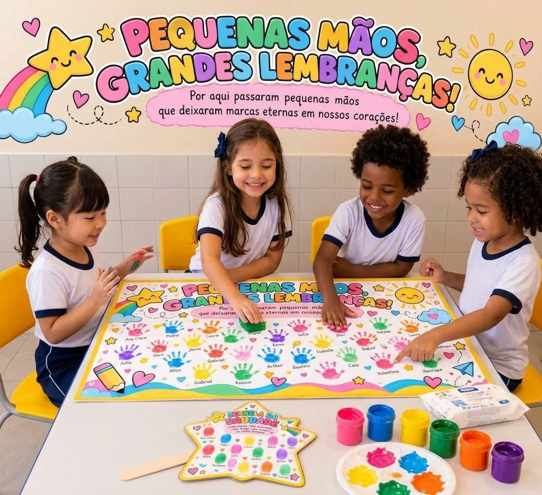 Kit Aula da Saudade – Painel e Lembrancinha — amostra 3: Kit Aula da Saudade com painel ampliado em 25 páginas A4 e estrela…