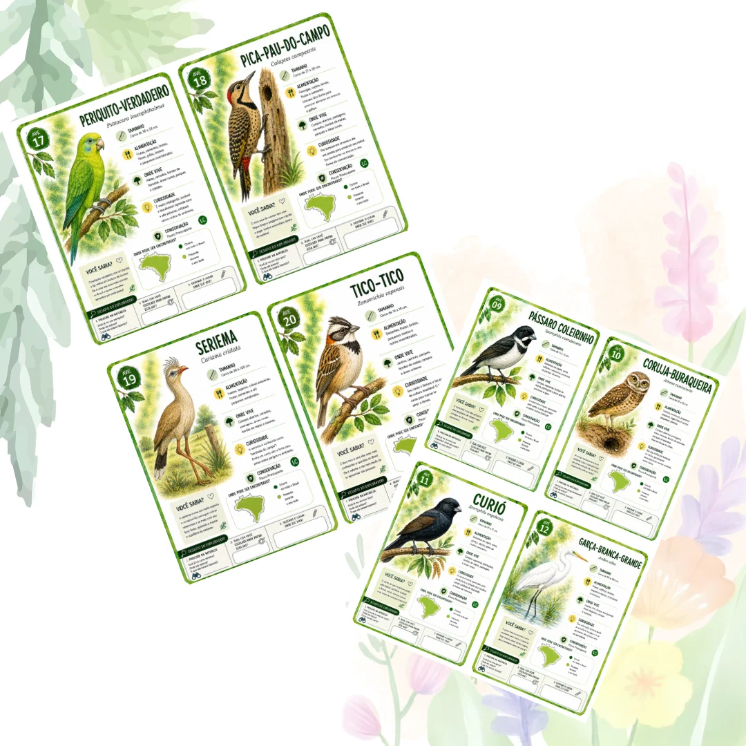 Aves Brasileiras: um kit para aprender brincando — amostra 2: ✔️ Livro de pintura com 20 aves brasileiras ✔️ Cards…