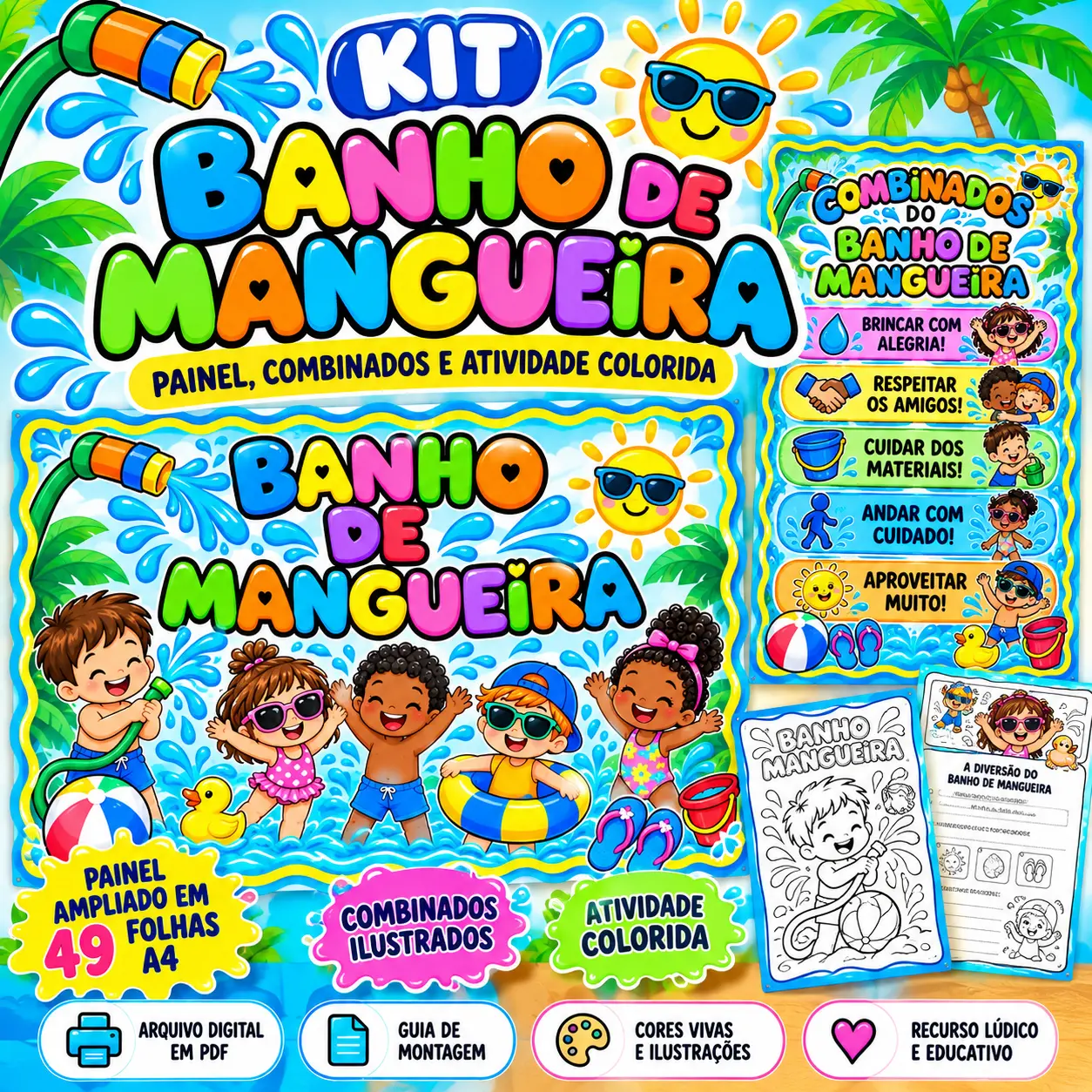 Kit Banho de Mangueira – Painel, Combinados e Atividade Colorida — capa do material