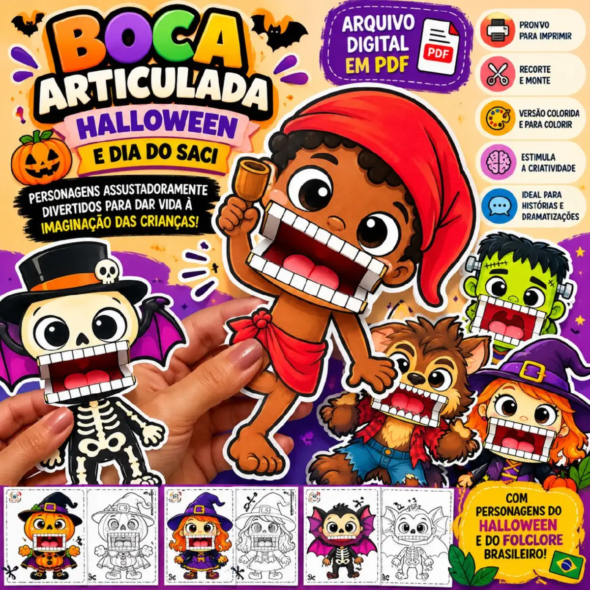 Kit Boca Articulada Halloween e Dia do Saci para Imprimir — História para Todas as séries: Kit pedagógico com personagens…