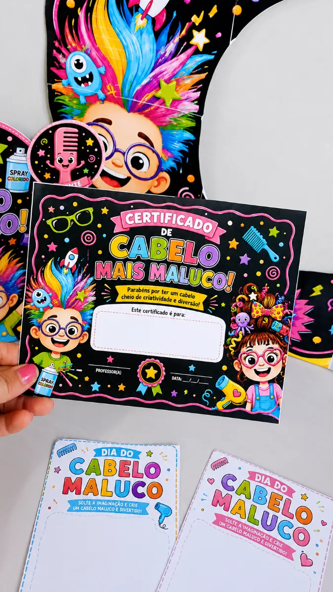 Kit Cabelo Maluco – Dia Do Cabelo Maluco Em PDF! — amostra 6: Kit Cabelo Maluco com moldura fotográfica, certificado,…