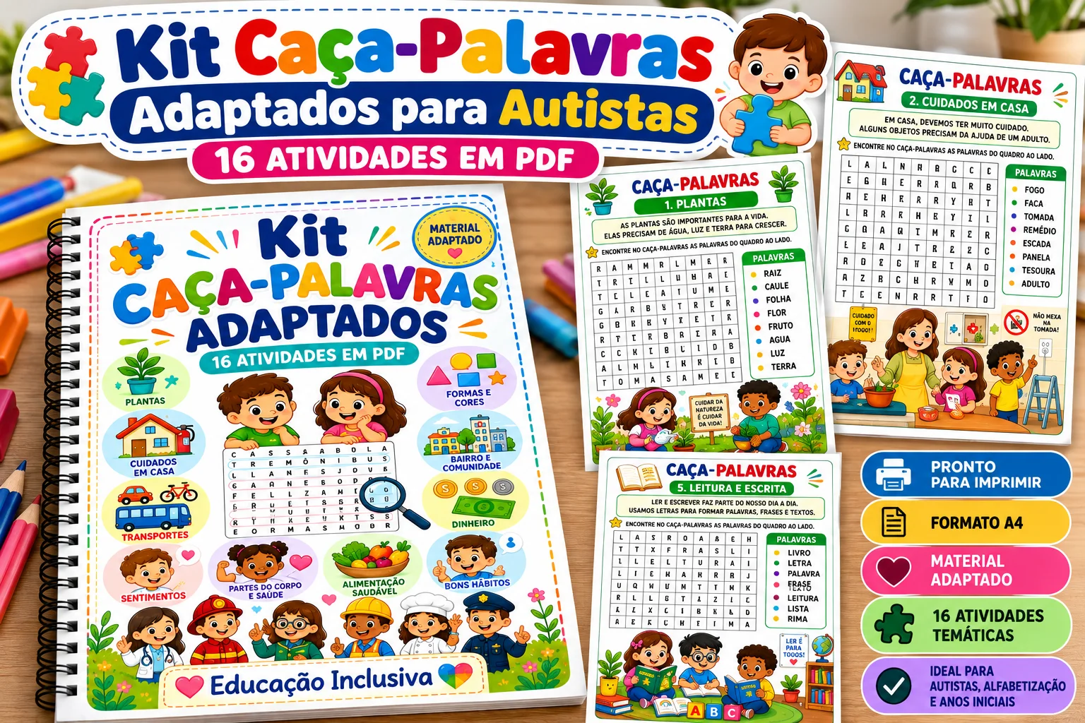 Kit Caça-Palavras Adaptados para Autistas – 16 Atividades em PDF — amostra 2: Kit com 16 caça-palavras ilustrados e…