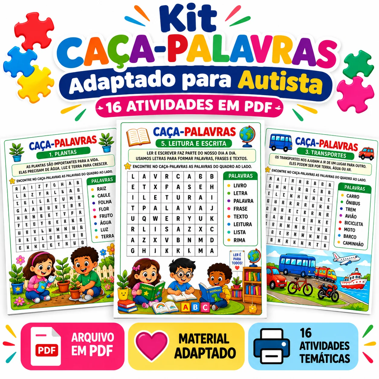 Kit Caça-Palavras Adaptados para Autistas – 16 Atividades em PDF — amostra 3: Kit com 16 caça-palavras ilustrados e…