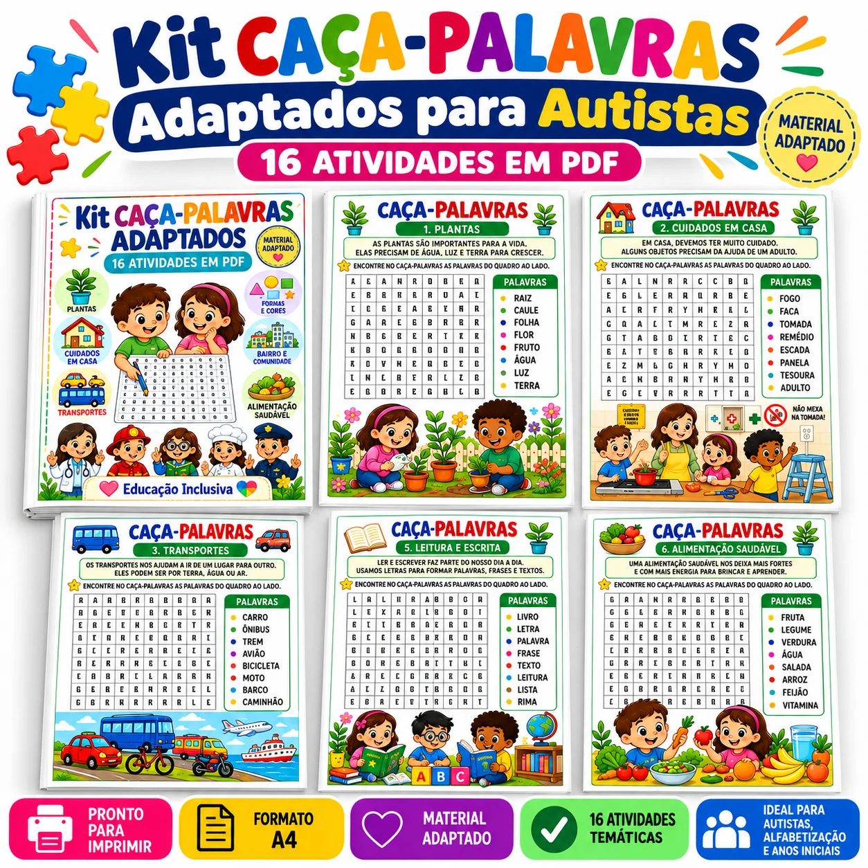 Kit Caça-Palavras Adaptados para Autistas – 16 Atividades em PDF — Alfabetização para Educação Infantil: Kit com 16…