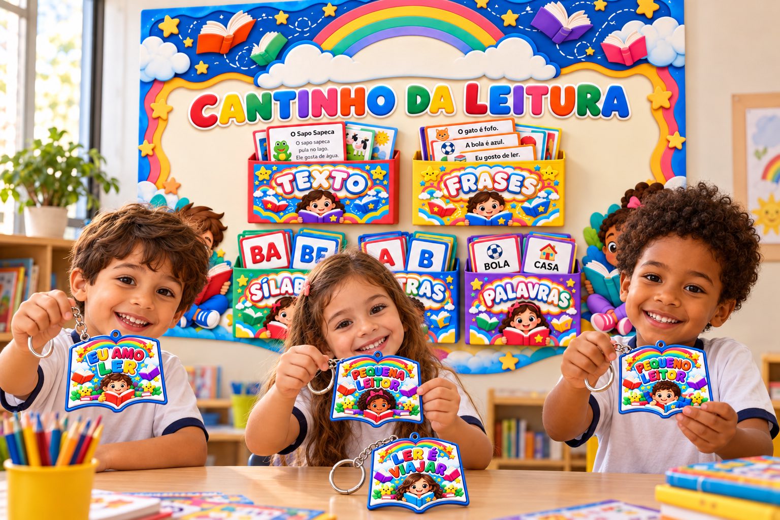 Kit Cantinho da Leitura com Painel Ampliado, Caixinhas e Brindes — amostra 1: O kit digital inclui painel, cinco caixinhas…