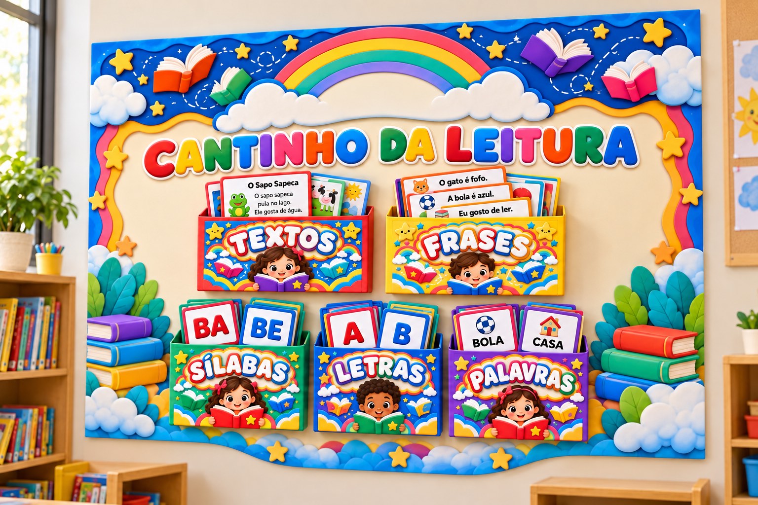 Kit Cantinho da Leitura com Painel Ampliado, Caixinhas e Brindes — amostra 2: O kit digital inclui painel, cinco caixinhas…
