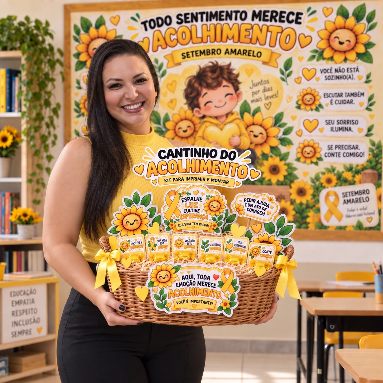 Kit Cantinho do Acolhimento Setembro Amarelo — amostra 1: Kit em PDF para montar o Cantinho do Acolhimento, com plaquinhas,…