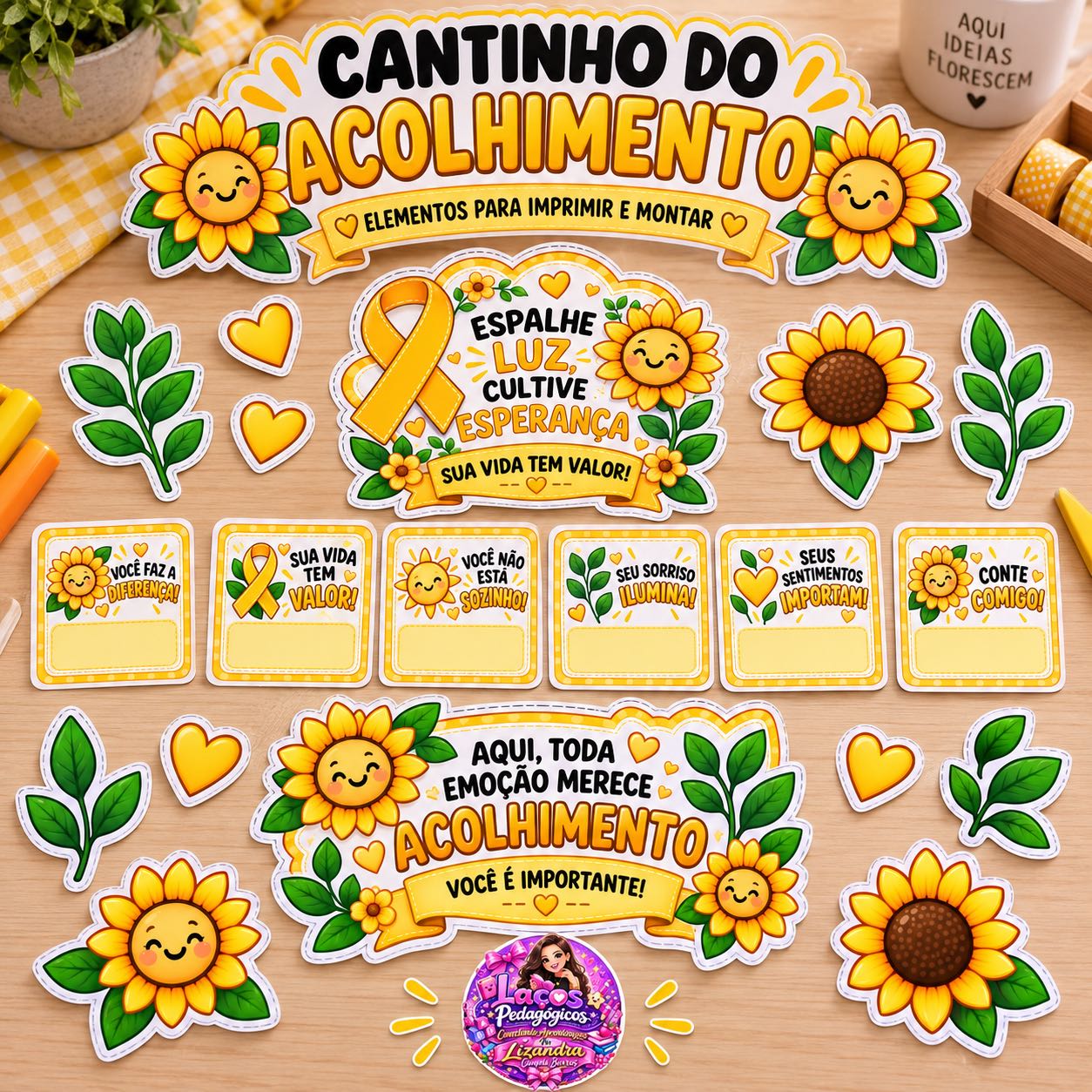 Kit Cantinho do Acolhimento Setembro Amarelo — amostra 2: Kit em PDF para montar o Cantinho do Acolhimento, com plaquinhas,…