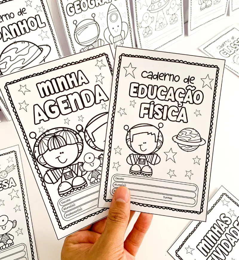 Kit Capas para Caderno - Viajando no Espaço – PDF para Imprimir — amostra 4: Capas de Caderno Coloridas e para Colorir no…